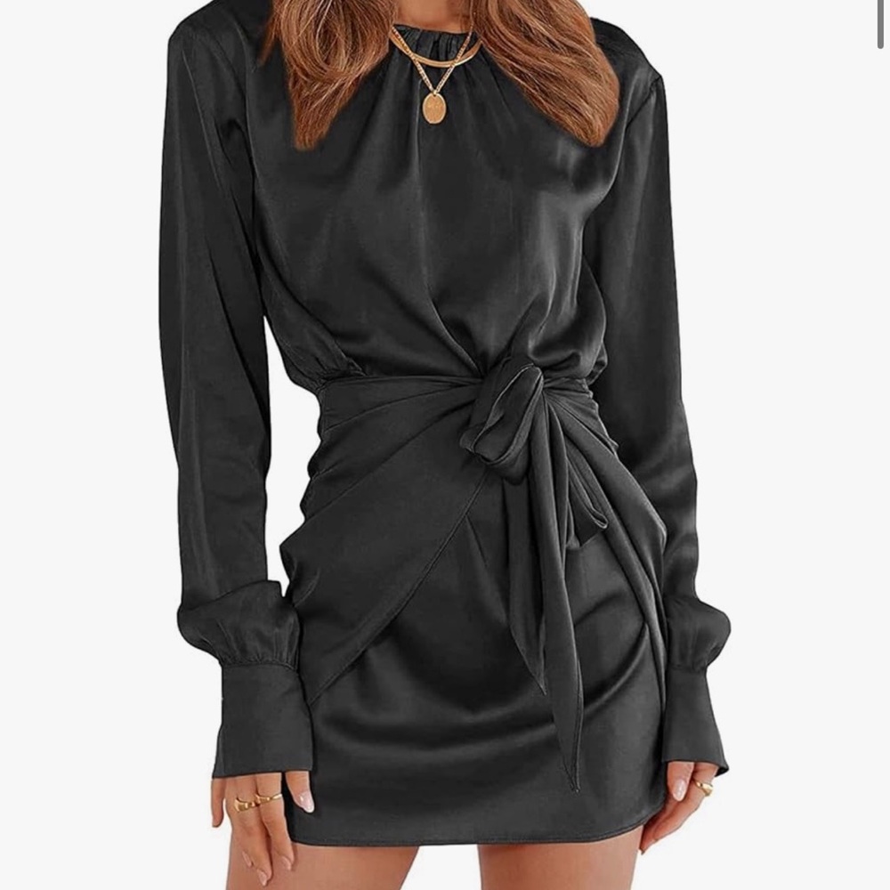 Brand New Tie Waist Black Long Sleeve Mini Dress